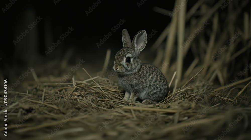 Fototapeta premium Baby Rabbit Sitting on Straw in Dark Rustic Setting
