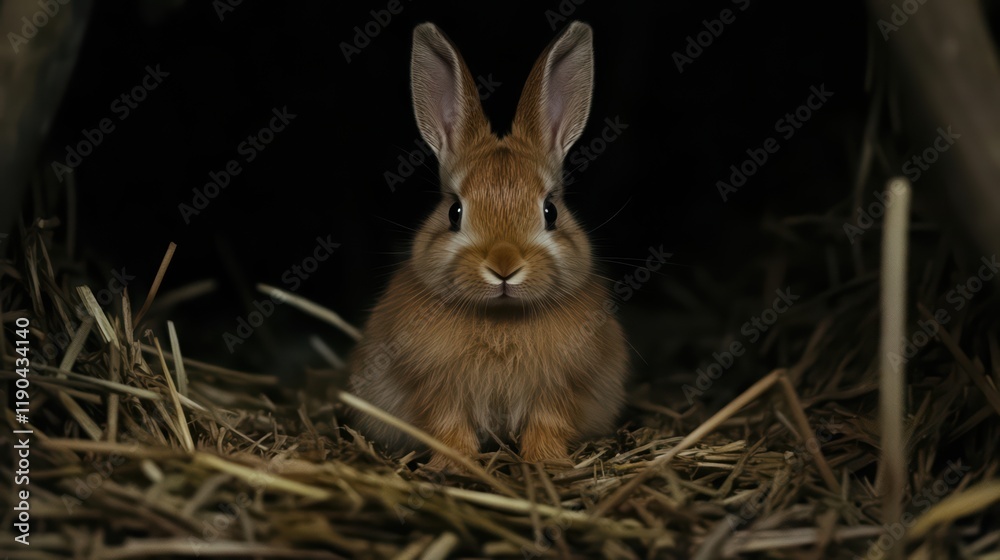 Fototapeta premium Cute Brown Bunny Sitting in Hay with Dark Background