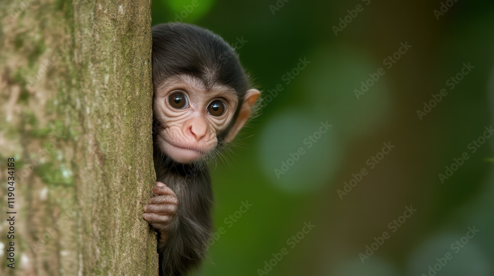 Curious Baby Monkey Peeking Around Tree Bark in Tropical Forest Curious Baby Monkey Peeking Around Tree Bark in Tropical Forest