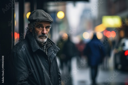 A man wearing a black coat and a gray hat stands on a wet sidewalk photo