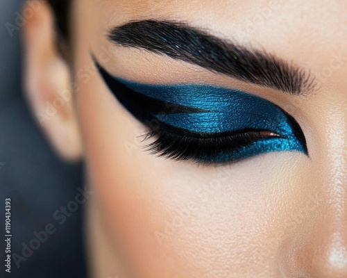 A close-up of a dramatic eye makeup look featuring bold blue eyeshadow and sharp winged eyeliner, emphasizing sleek brows and striking lashes.