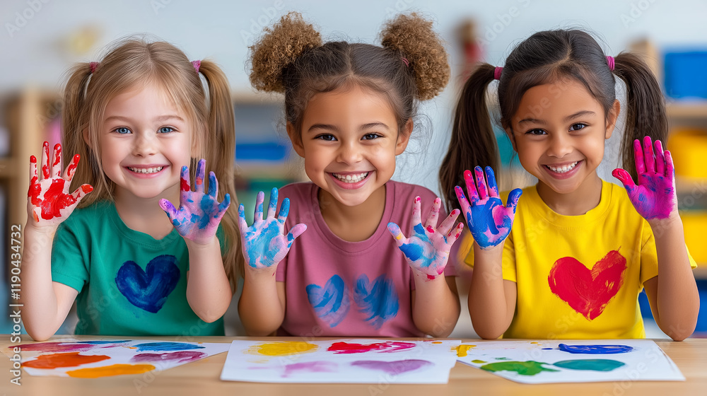 Fototapeta premium Children happily creating colorful watercolor art together while showing off painted hands in a cheerful classroom setting