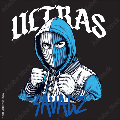 illustration vector graphic of Football fans ultras hooligan wear blue white jacket with blue white scarf design for logo, t-shirt, etc