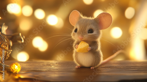 Tiny animated mouse with cheese on a wooden surface, cozy lighting AI generative.. photo