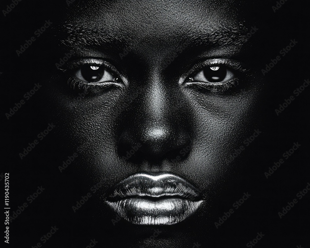 A striking close-up of a face illuminated against a dark background, showcasing smooth skin and intense eyes. A striking close-up of a face illuminated against a dark background, showcasing smooth skin and intense eyes.