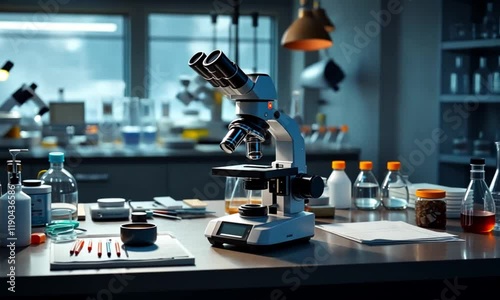 Microscope in a Modern Laboratory: Scientific Research and Discovery. High quality 4K Footage