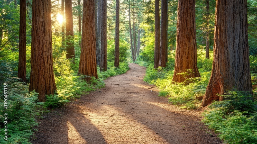 Obraz premium Sunlit Forest Path Winding Through Tall Trees