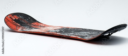 Red and black snowboard with snow residue, angled view. photo