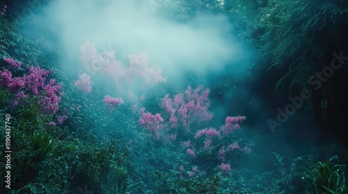 Wallpaper Mural Enchanting Pink Flowers Bloom in a Misty Forest Torontodigital.ca