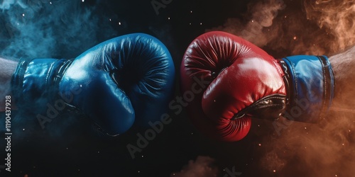 Red and blue gloves in a boxing arena, set against a dynamic and competitive atmosphere.

 photo