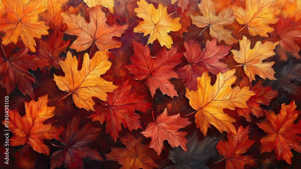 An acrylic painting captures the vibrant colors of autumn leaves in shades of orange, red, and yellow An acrylic painting captures the vibrant colors of autumn leaves in shades of orange, red, and yellow