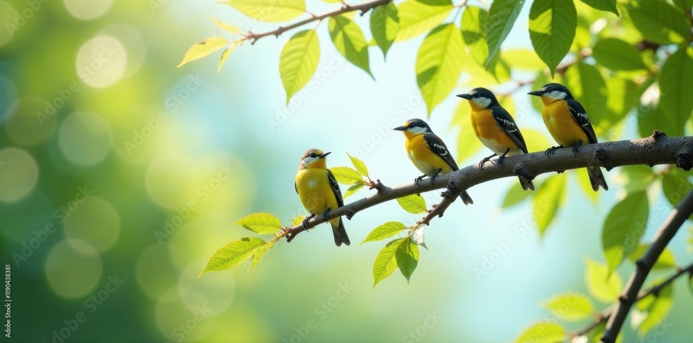 Obraz premium Sunny day, many small birds perched on tree branch , wildlife, birds, joyful