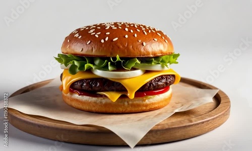 Juicy Cheeseburger with Egg and Lettuce on Wooden Board. High quality 4K Footage