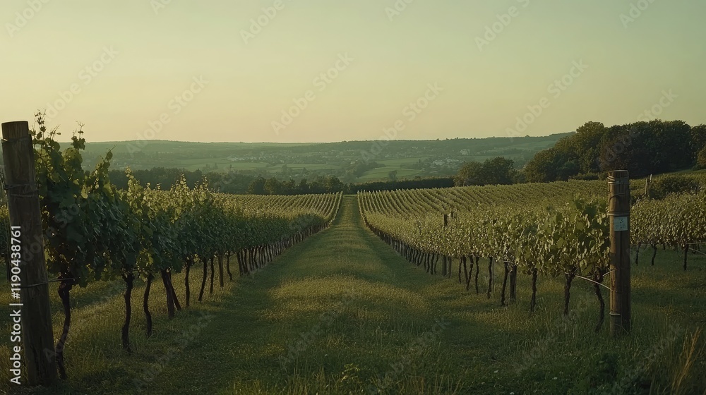 Naklejka premium Serene Vineyard Rows Stretching Towards Distant Hills