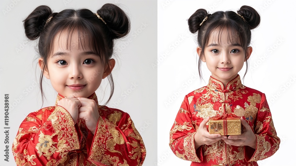 Adorable girl in traditional red attire with two expressions, holding a gift box Adorable girl in traditional red attire with two expressions, holding a gift box