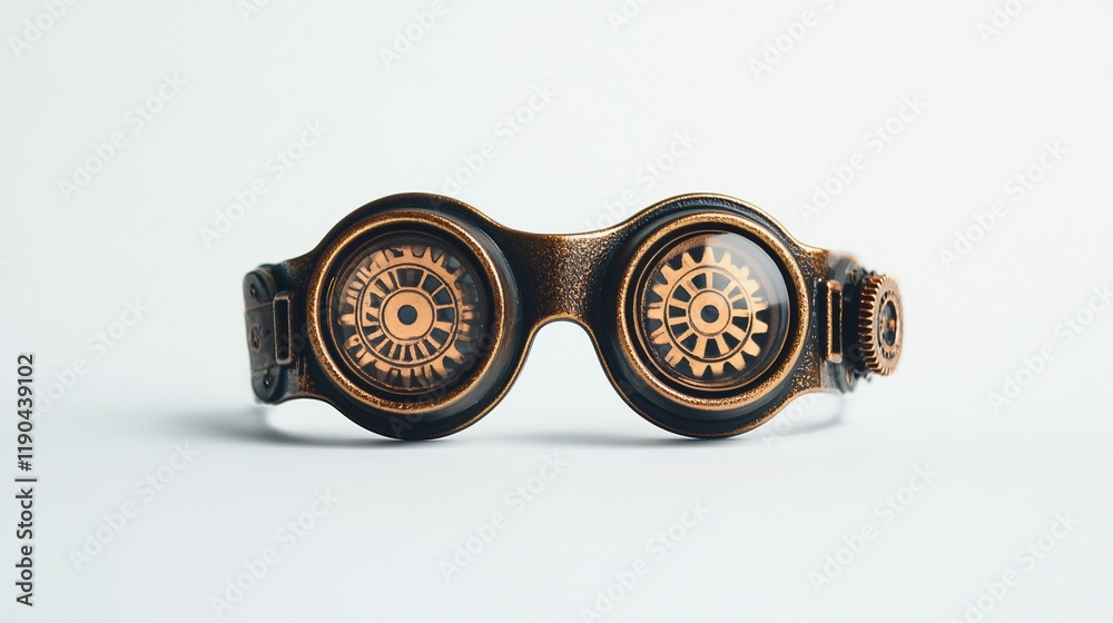 Steampunk goggles with intricate gear details on a white background. Steampunk goggles with intricate gear details on a white background.