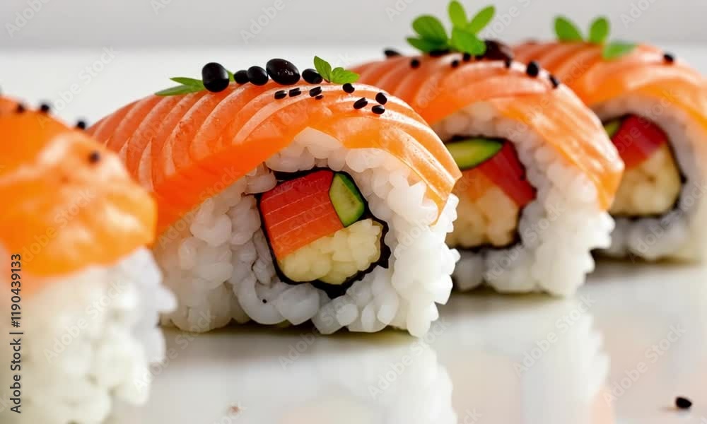 Delicious Salmon Sushi Rolls: A Culinary Delight. High quality 4K Footage Delicious Salmon Sushi Rolls: A Culinary Delight. High quality 4K Footage