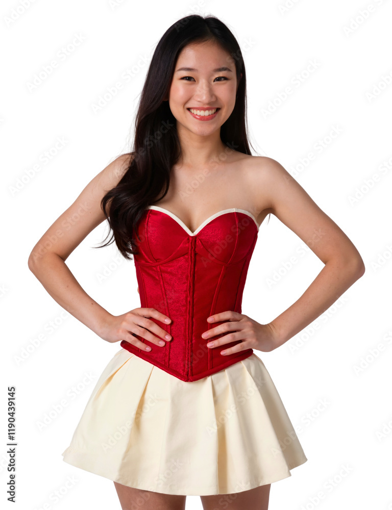 A smiling woman with long, dark hair wears a red corset and a white skirt, posing against a white background. A smiling woman with long, dark hair wears a red corset and a white skirt, posing against a white background.