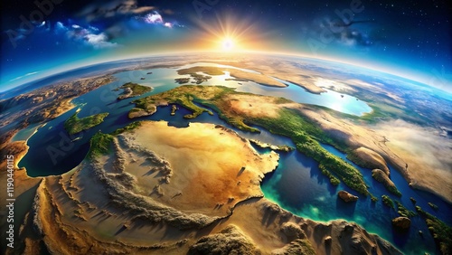 Aerial Drone View of Middle East on Realistic Earth Model - Stunning Satellite Imagery photo