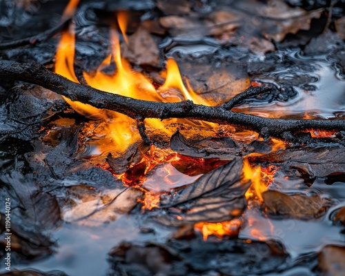 Flames rising from wet leaves in a serene natural setting. photo