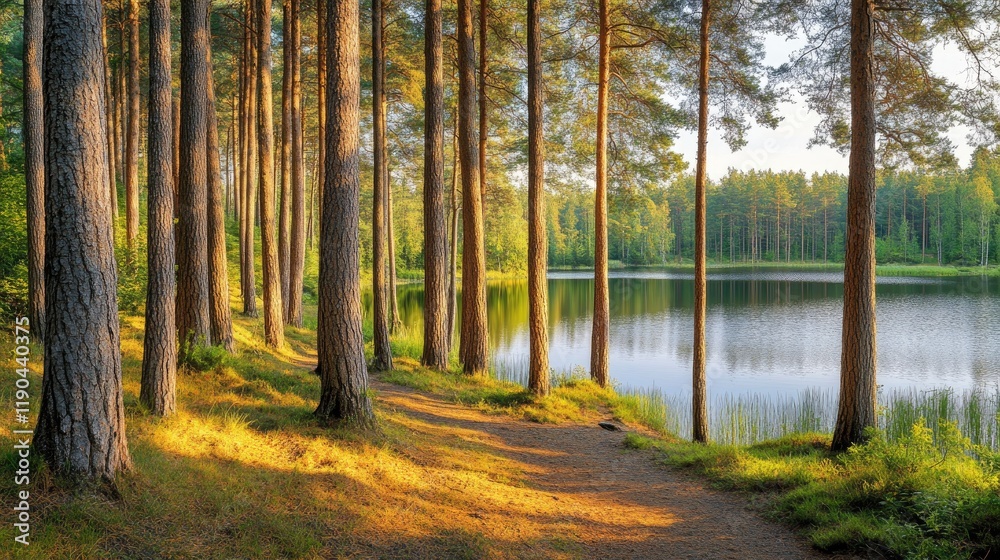 Fototapeta premium Sunlit Pine Trees Beside a Calm Forest Lake