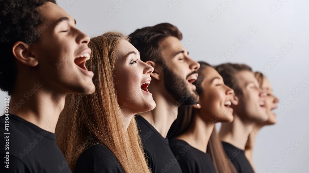 Six young adults in profile view singing with mouths open and eyes closed. Six young adults in profile view singing with mouths open and eyes closed.