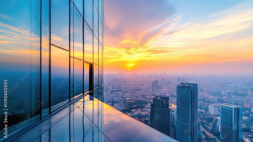 Obraz premium Cityscape Sunset Reflected In Modern Skyscraper Windows