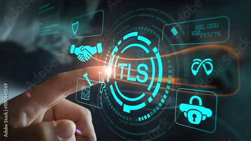 businessman pressing virtual button TLS, transport layer security. cloud computing concept, cloud technology, Saas, Paas, Iaas. AWS Services
 photo