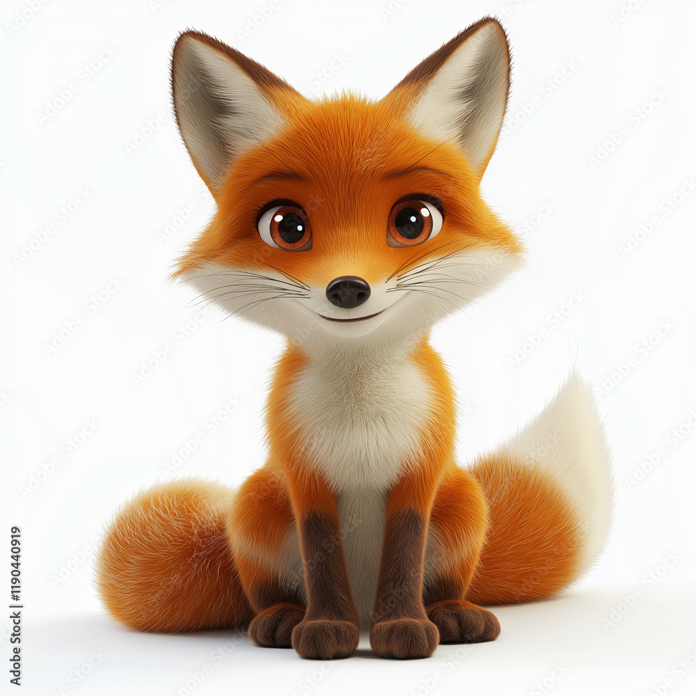 Fototapeta premium Cartoon fox is sitting on its back legs. It has a big smile on its face. Isolated on white background