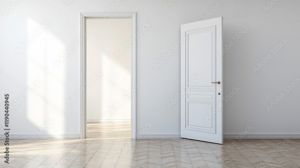 Open door in a bright, empty room with sunlight streaming through. Open door in a bright, empty room with sunlight streaming through.