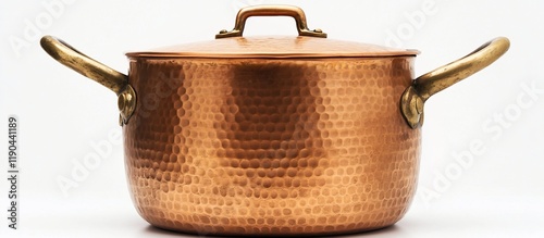 Hammered copper pot with brass handles and lid. photo