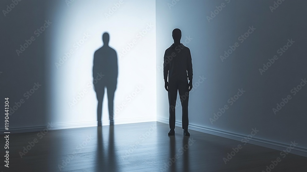 Fototapeta premium Man's shadow projected on wall in corner of empty room.