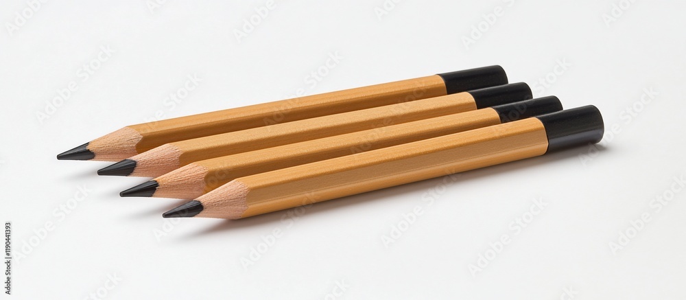 Obraz premium Three yellow pencils with black ends on white background.