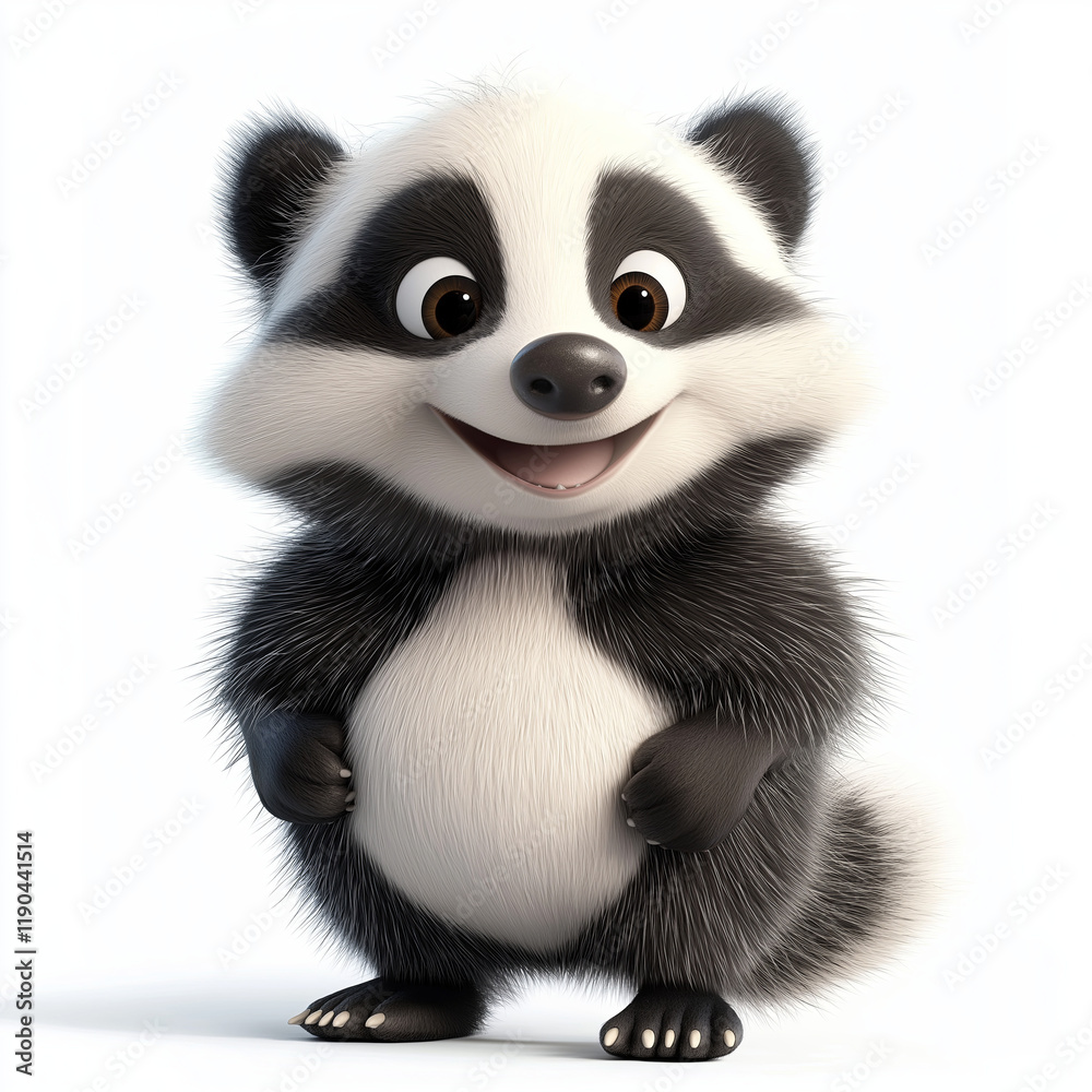 Obraz premium European badger clipart with a cute, three-dimensional look. Fluffy black and white fur, round glossy eyes, a friendly smile, and chubby little paws. Isolated on a clean white, lovable