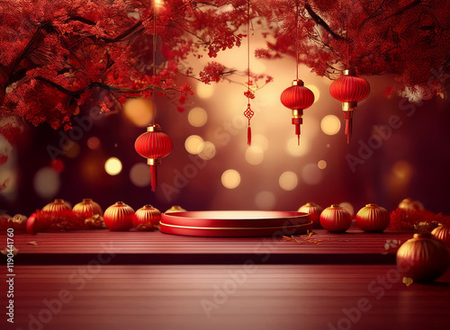 Red and gold festive scene with round platform, adorned with lanterns and ornaments under a blossoming tree, creating a celebratory mood. photo