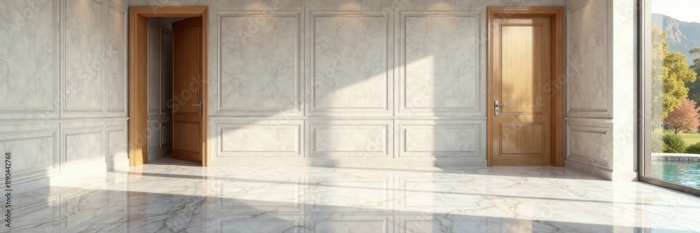 Fototapeta premium Spacious empty room, metallic paneling, marble flooring reflects light , house, modern
