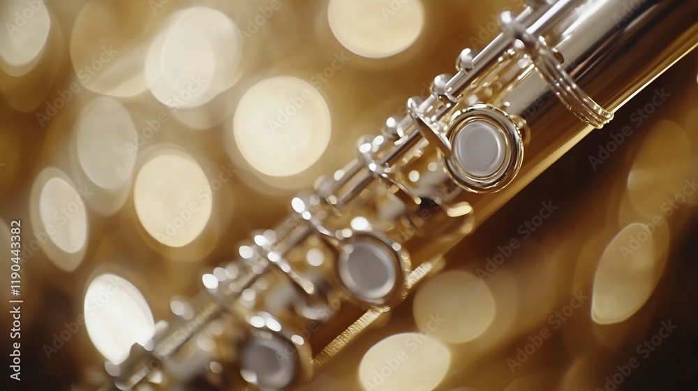 Fototapeta premium Close-up of a gleaming silver flute against a bokeh background.