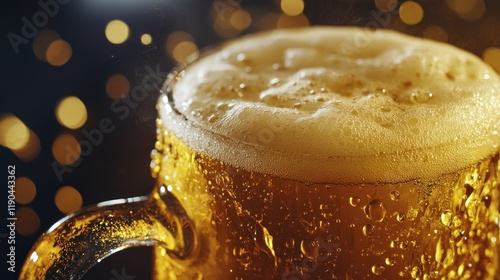 Close-up of a frosty beer mug with a thick head of foam, condensation, and a bokeh background. photo