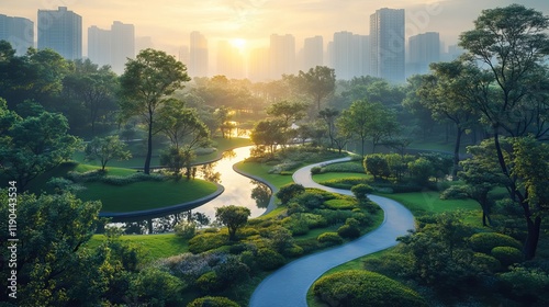 An AI-generated image shows a futuristic park in a city, promoting carbon footprint reduction, eco-friendliness, and sustainability with green spaces
