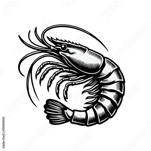 Shrimp silhouette. engrave black icon on white background