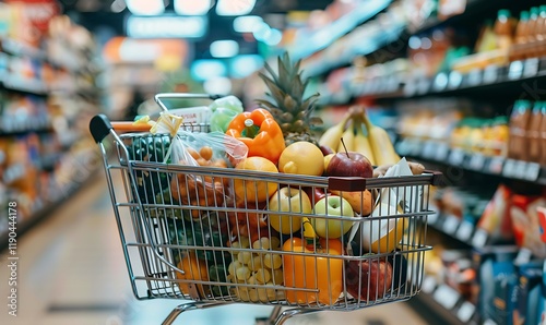 Shopping cart full of food in supermarket. Shallow depth of field