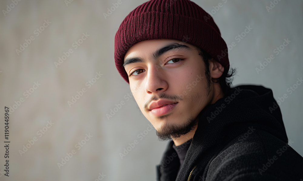Young man with a thoughtful expression, wearing a maroon beanie against a neutral background. Young man with a thoughtful expression, wearing a maroon beanie against a neutral background.