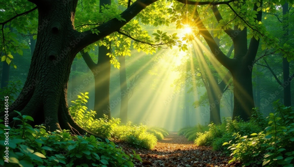 Obraz premium Golden sunlight streams through emerald canopy, illuminating dappled forest floor, sun, natural