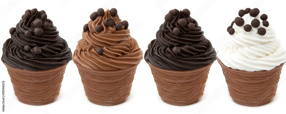 Four delicious cupcakes topped with swirls of chocolate and vanilla frosting, adorned with chocolate balls, in crisp, brown waffle cups.