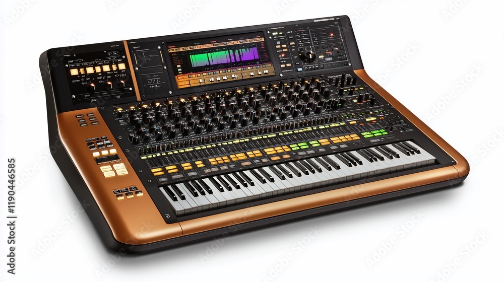 Professional digital audio workstation with integrated keyboard and mixing console. Professional digital audio workstation with integrated keyboard and mixing console.