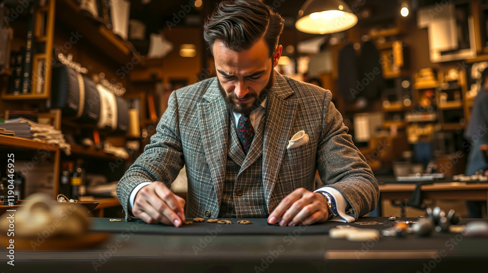 A man in a suit sitting at a table in a store A man in a suit sitting at a table in a store