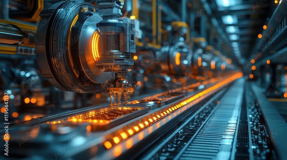 Fototapeta premium Futuristic Factory Assembly Line: Advanced Robotics and Automation in Manufacturing