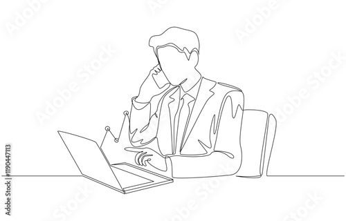 Continuous one line drawing of businessman talking on smartphone while looking at stock chart on laptop, investment consultation, stock broker concept, single line art