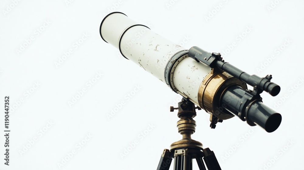 Antique brass telescope on tripod, pointed towards a bright sky. Antique brass telescope on tripod, pointed towards a bright sky.