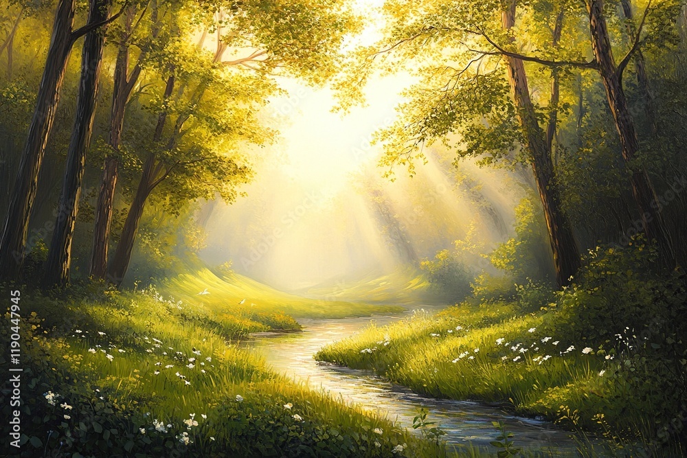 Sunlit Stream Flows Through Lush Forest, Serene Meadow, Peaceful Landscape, Tranquil Nature Scene, Vibrant Greens, Golden Sunlight, Calm River, Summer Day, Whispering Woods, Scenic Beauty Sunlit Stream Flows Through Lush Forest, Serene Meadow, Peaceful Landscape, Tranquil Nature Scene, Vibrant Greens, Golden Sunlight, Calm River, Summer Day, Whispering Woods, Scenic Beauty
